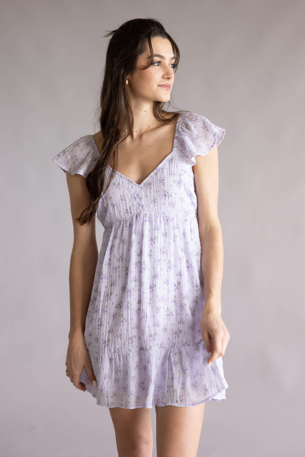 Floral Flutter Sleeve Dress for Women in Lilac
