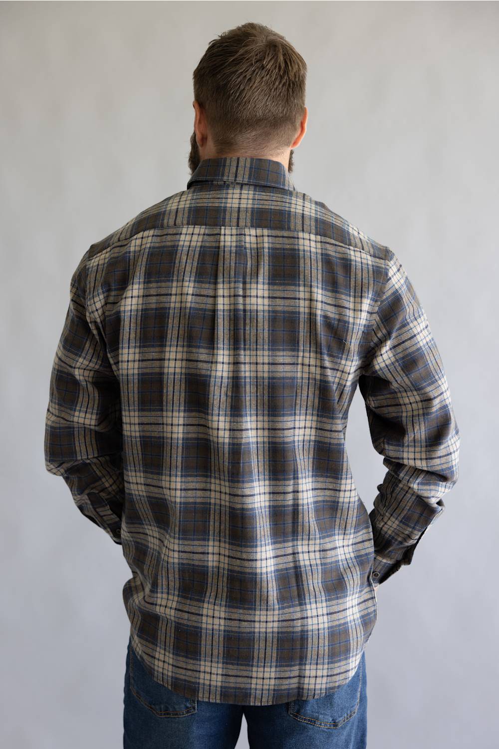 Brown and blue button down flannel shirt with long sleeves