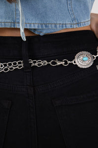 Oval Turquoise Concho Chain Belt for Women in Silver