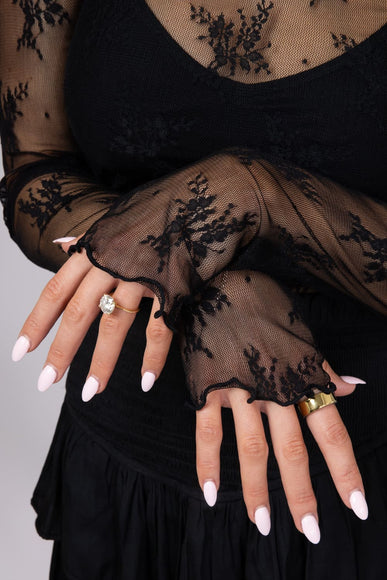 Floral Lace Sheer Scoop Neck Layering Top for Women in Black