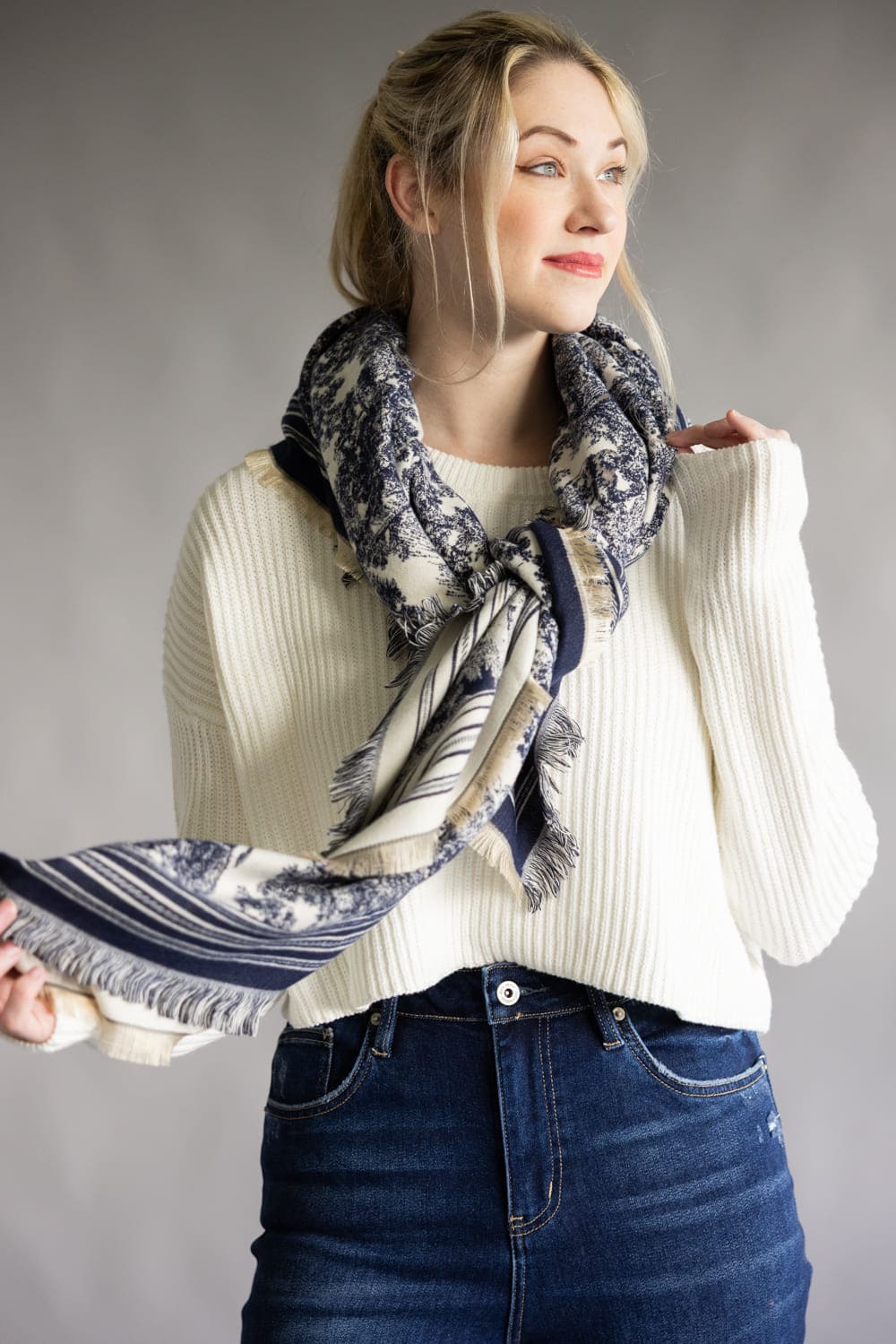 Floral Print Silk Scarf for Women in Navy