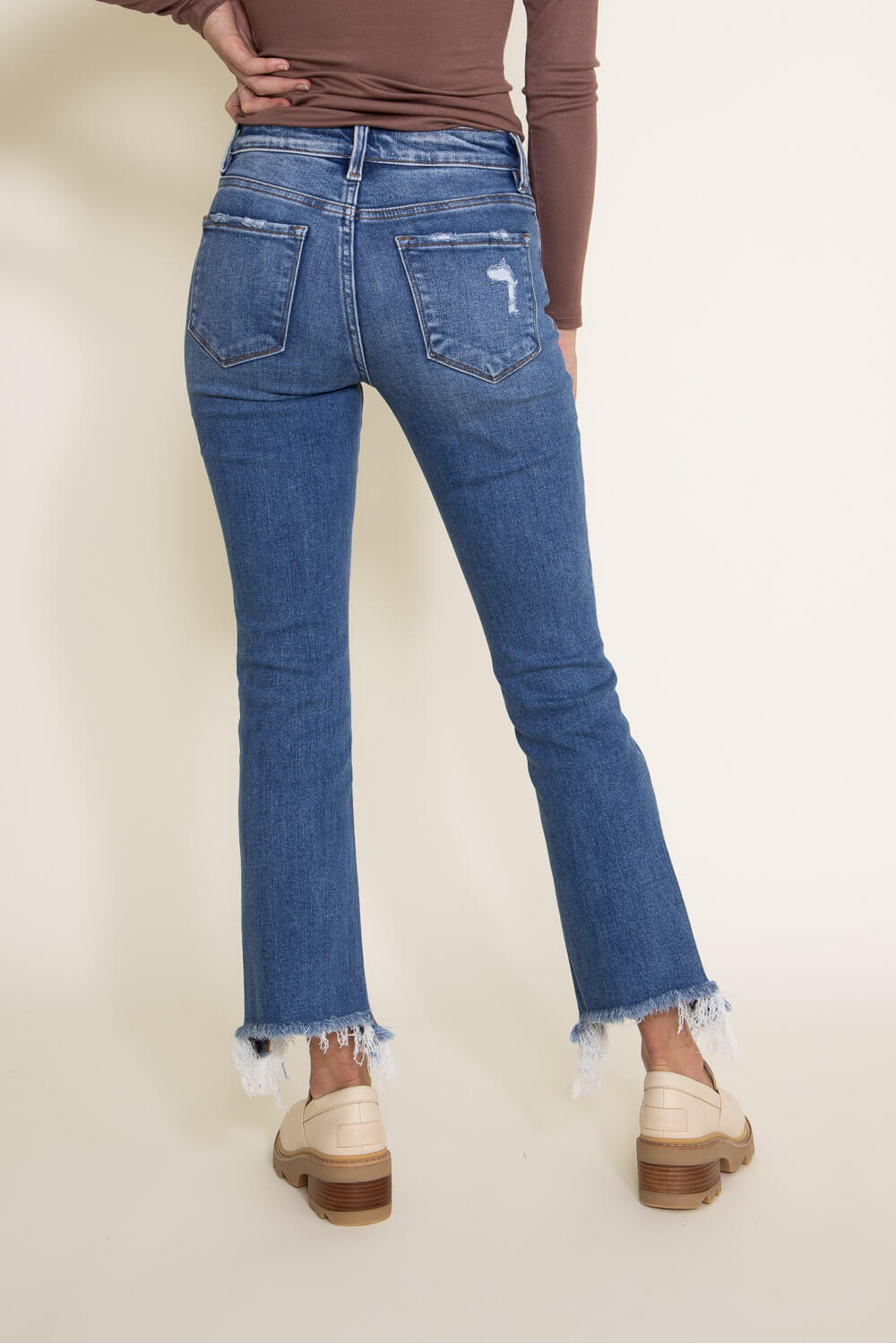 Flying Monkey Mid-Rise Destructed Hem Crop Bootcut Jeans for Women