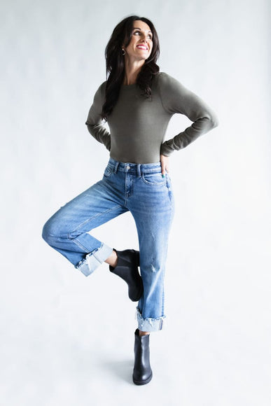 Flying Monkey Mid-Rise Raw Cuffed Hem Slim Wide Leg Jeans for Women