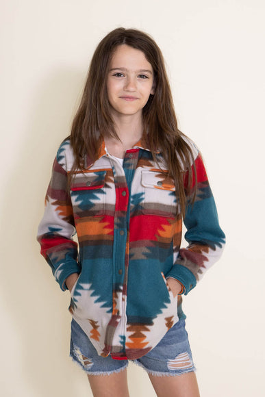 Youth Polar Fleece Shacket for Girls in Red Aztec
