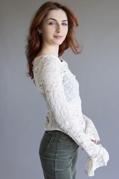 Free People Lace Bell Sleeve Sheer Cotton Blend Top for Women in Clean Ivory