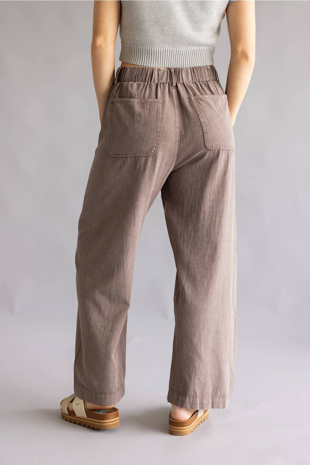 Garment Dyed Washed Tie Waist Pants for Women in Brown