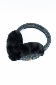 Close-up of charcoal grey C.C. heather knit earmuffs featuring a chunky knit headband and plush black faux fur ear cushions.