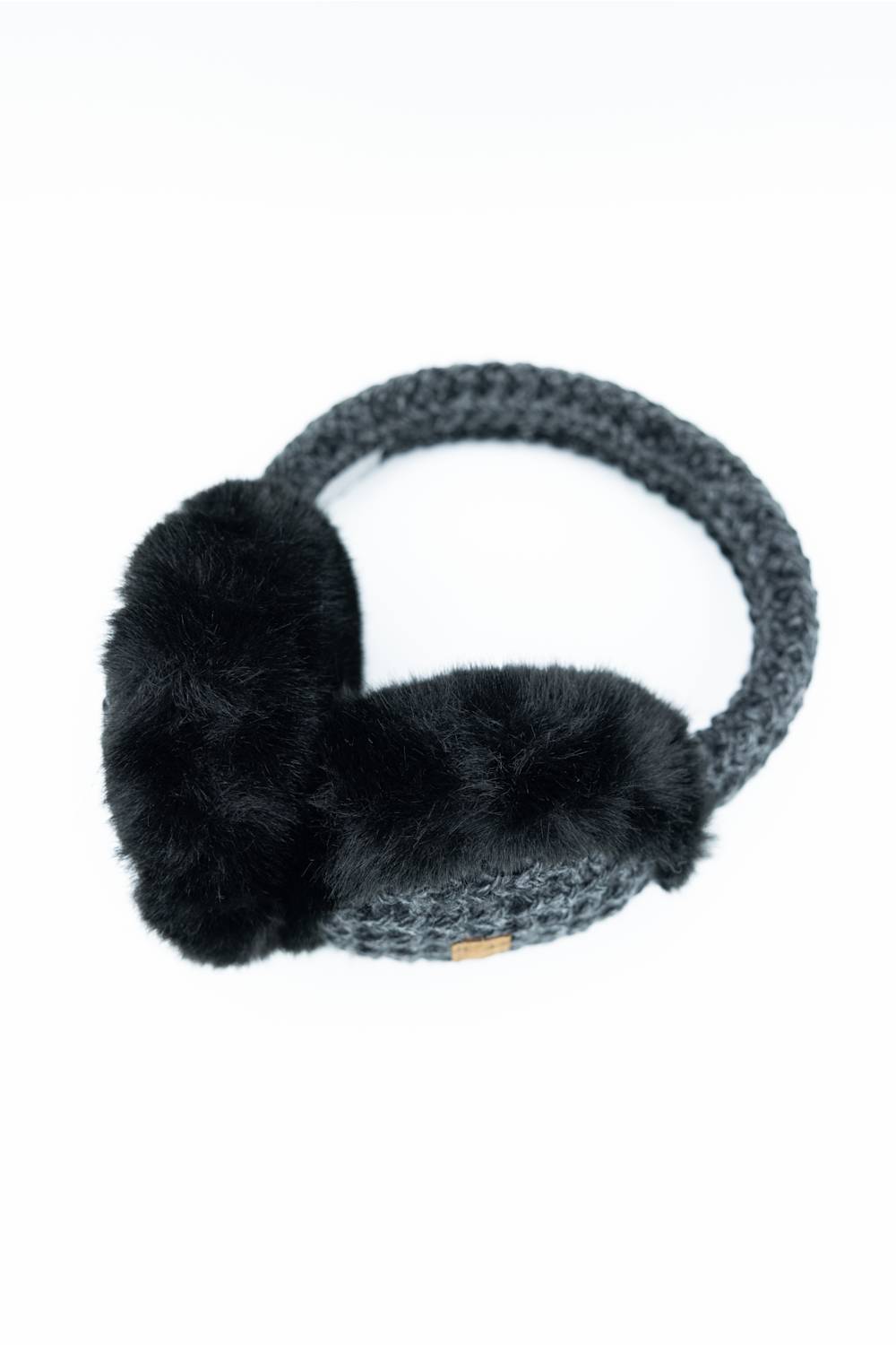 Close-up of charcoal grey C.C. heather knit earmuffs featuring a chunky knit headband and plush black faux fur ear cushions.