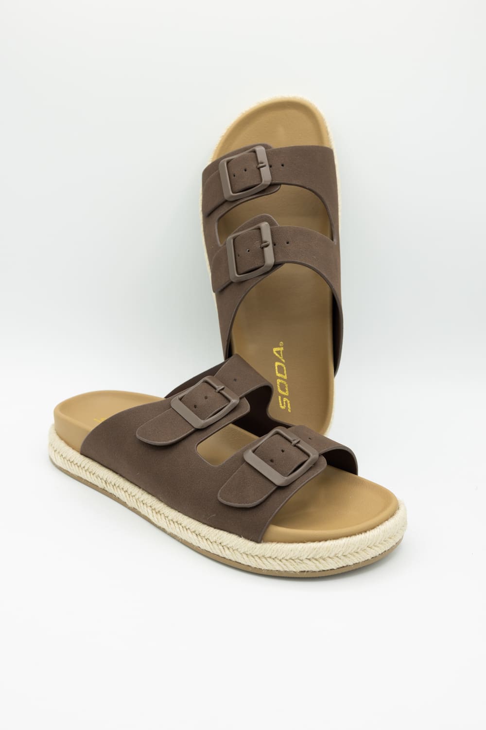 Soda Hertha Two Buckle Platform Sandals in Brown
