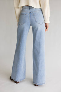 A person shown from the back wearing light-wash blue wide-leg jeans with a cream ribbed sweater and dark shoes, photographed against a plain light gray studio background.