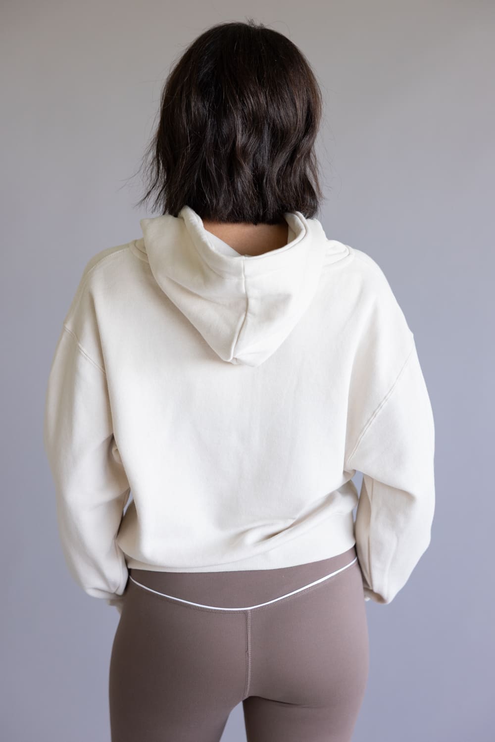 Half Zip Drawstring Fleece Hoodie for Women in Beige