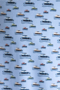 Hallstatt Pontoon Polo for Men in Blue; Pattern of boats on a blue background