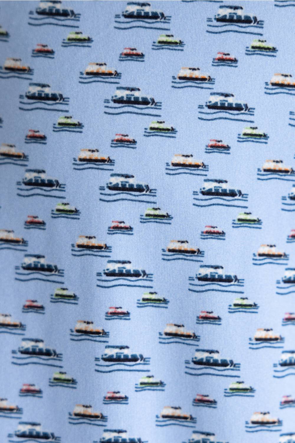 Hallstatt Pontoon Polo for Men in Blue; Pattern of boats on a blue background