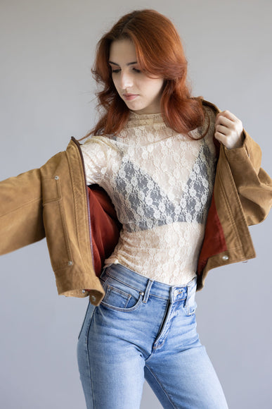 High Neck Lace Sheer Layering Top for Women in Champagne