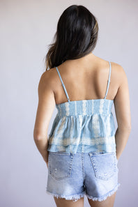 Embroidered Peplum Top for Women in Light Blue