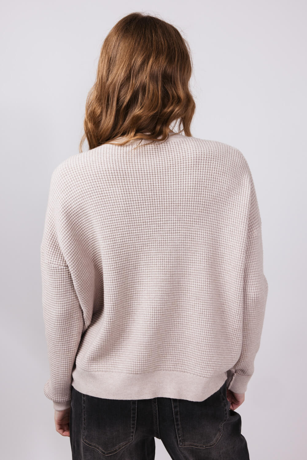 Drop Shoulder Waffle Sweater for Women in Stone