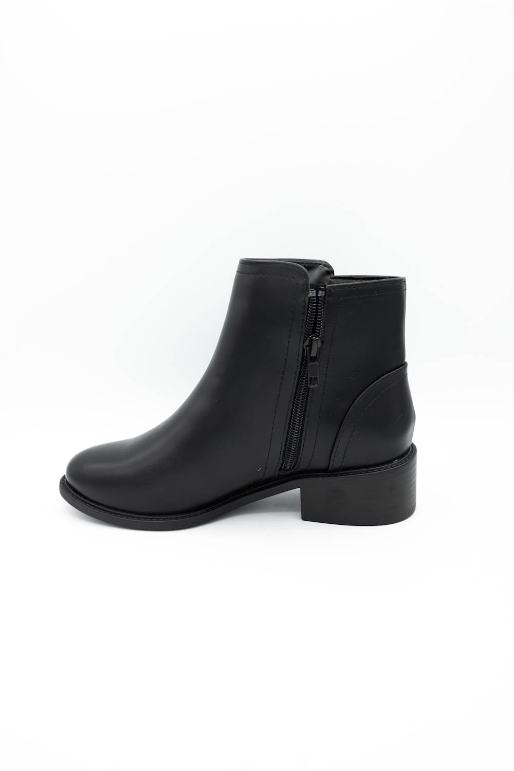 A black leather ankle boot with a low block heel shown against a plain white background.