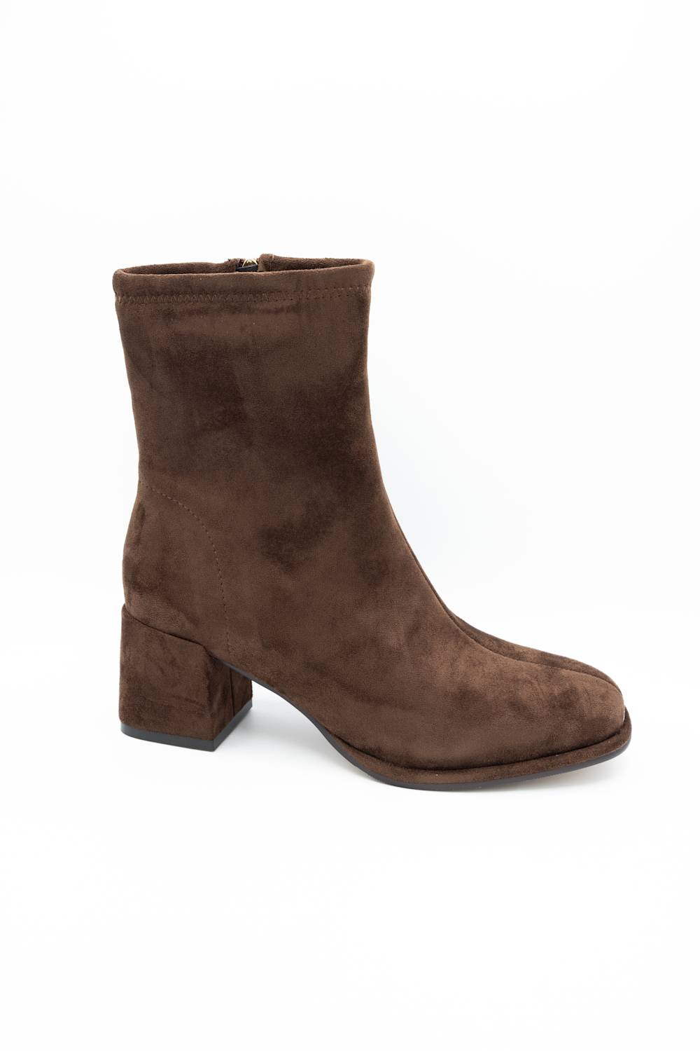 A single brown suede ankle boot with a block heel and square toe, shown from a side profile on a white background.