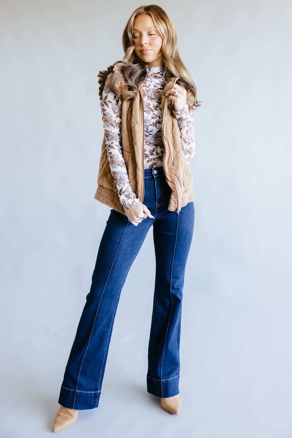 Garment Washed Quilted Ruffle Sleeve Vest for Women in Brown