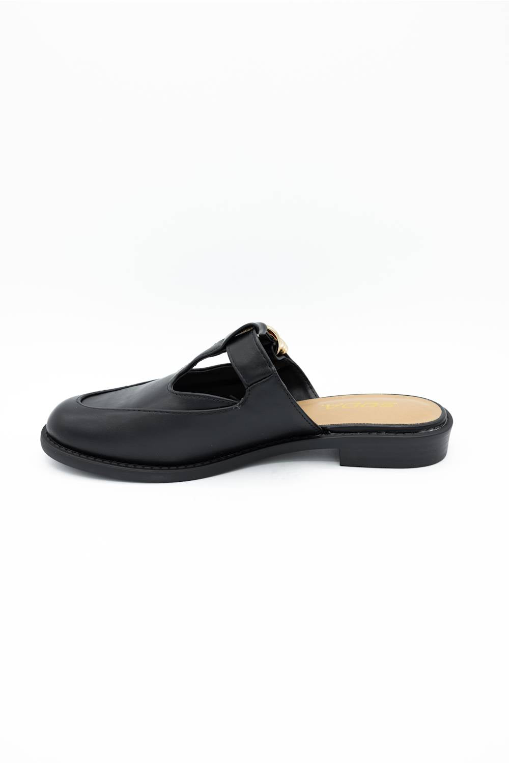 A single black leather mule sandal with a low block heel and a small gold-tone metal accent on the strap, shown from a side profile against a white background.