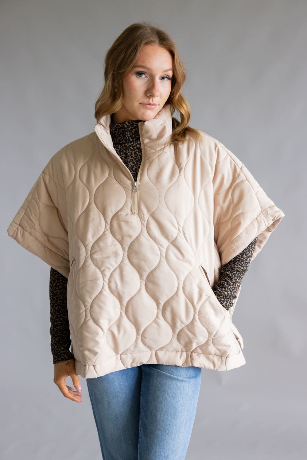 Quilted Puffer Poncho Quarter Zip for Women in Beige | ZCP520125