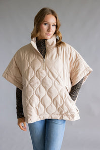 Quilted Puffer Poncho Quarter Zip for Women in Beige
