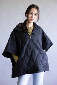Quilted Puffer Poncho Quarter Zip for Women in Black