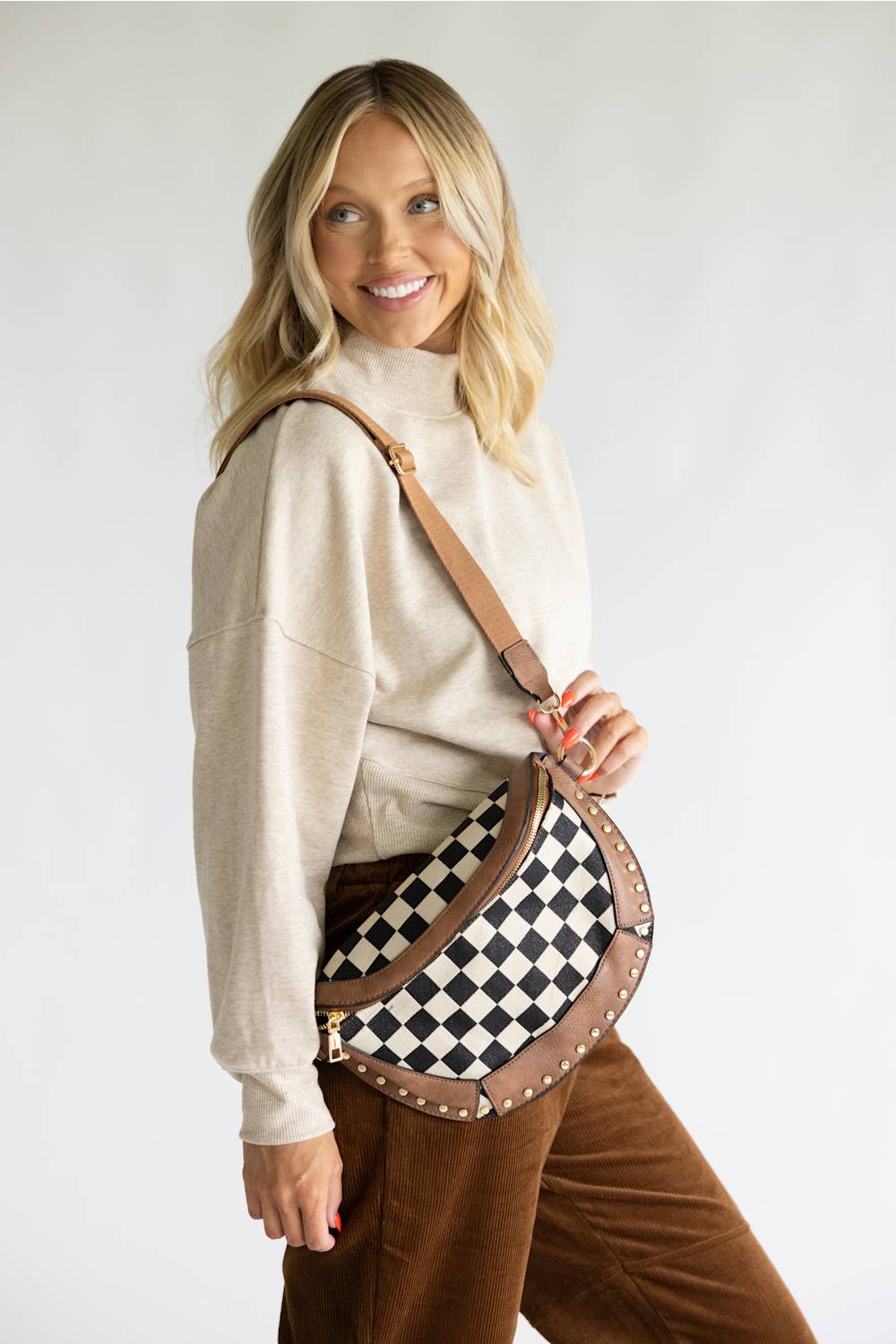 KW Fashion Checkered Crossbody Bag for Women in Brown