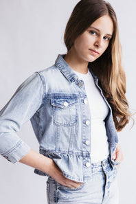 KanCan Youth Peplum Ruffle Denim Jacket for Girls in Light Wash