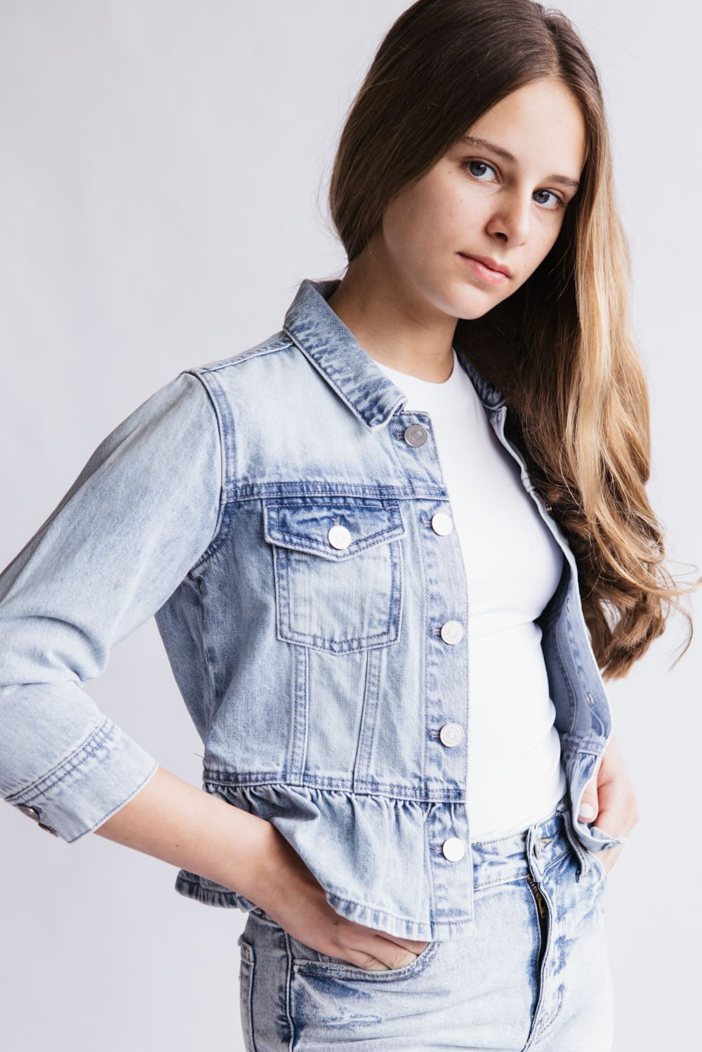 KanCan Youth Peplum Ruffle Denim Jacket for Girls in Light Wash