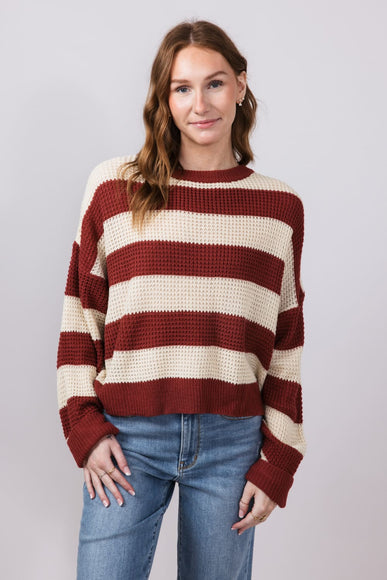 La Miel Striped Waffle Sweater for Women in Red Bean