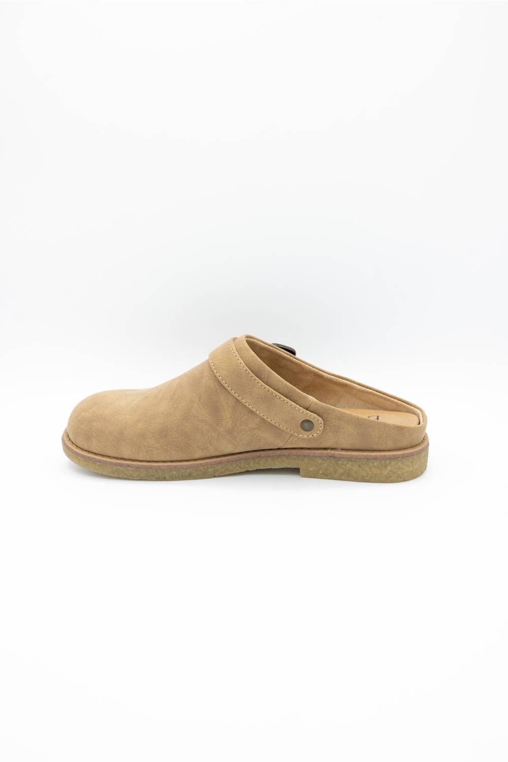 A single tan suede clog shoe shown from a side profile view against a clean white background.