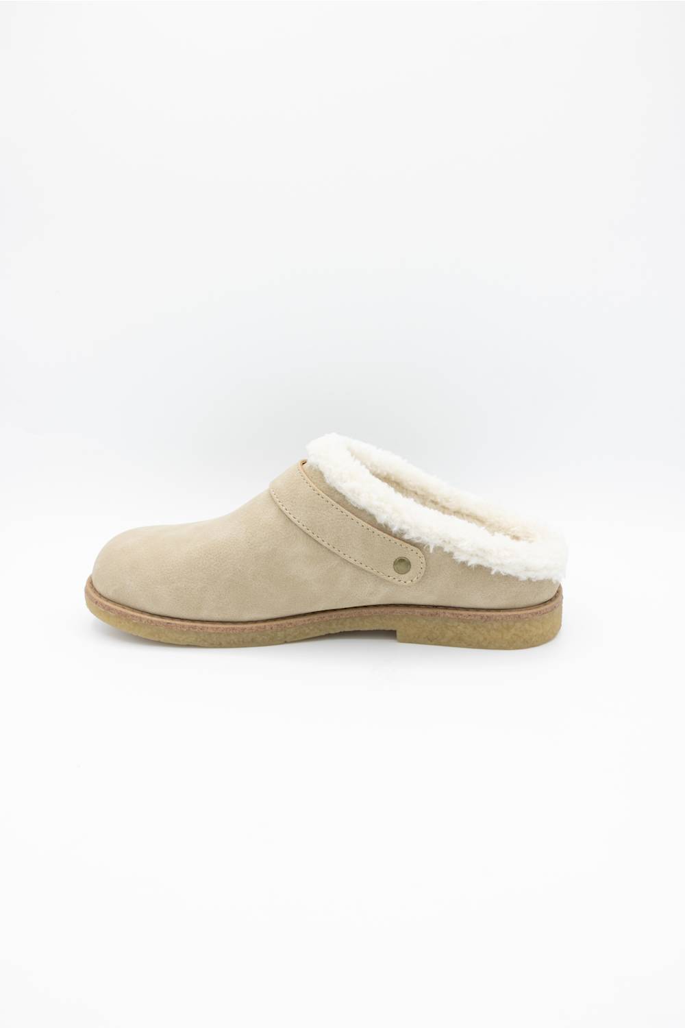 A single beige suede clog slipper with a white faux-shearling lining and a tan sole, shown in profile against a plain white background.
