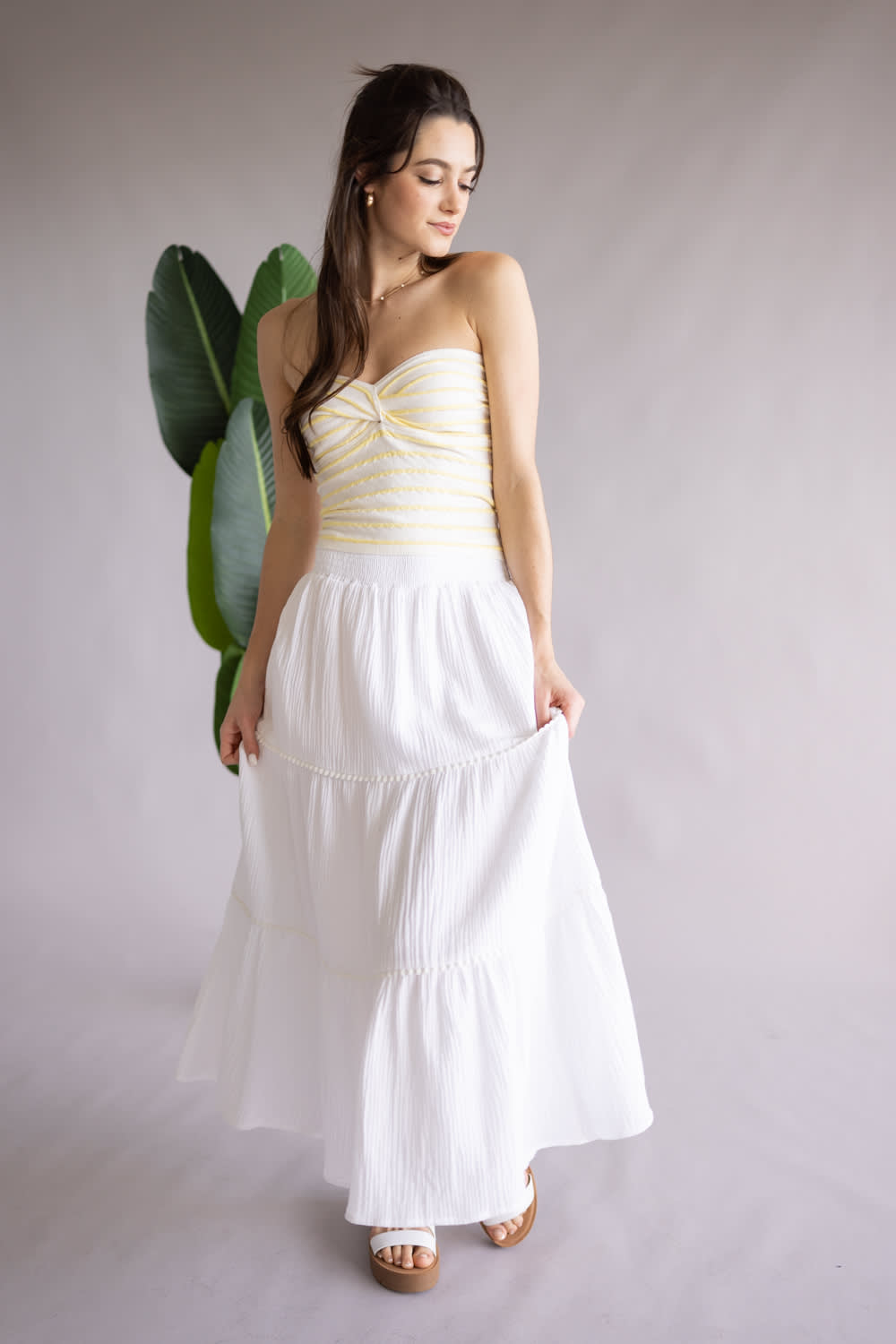 Smocked Waist Tiered Midi Skirt for Women in Off White