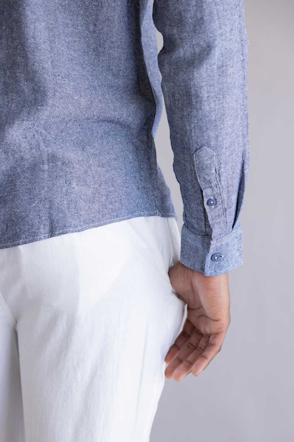 Vintage Summer Linen Button Up Shirt for Men in Navy