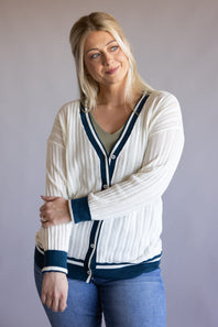 Simply Southern Oversized Long Varsity Cardigan for Women in White/Navy