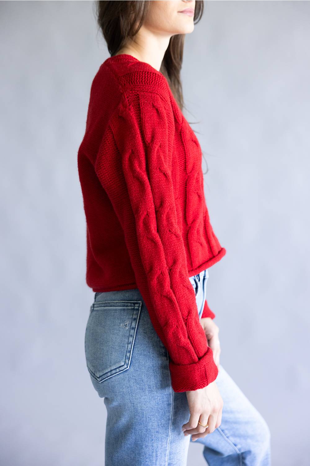 La Miel V-Neck Cable Knit Sweater for Women in Red