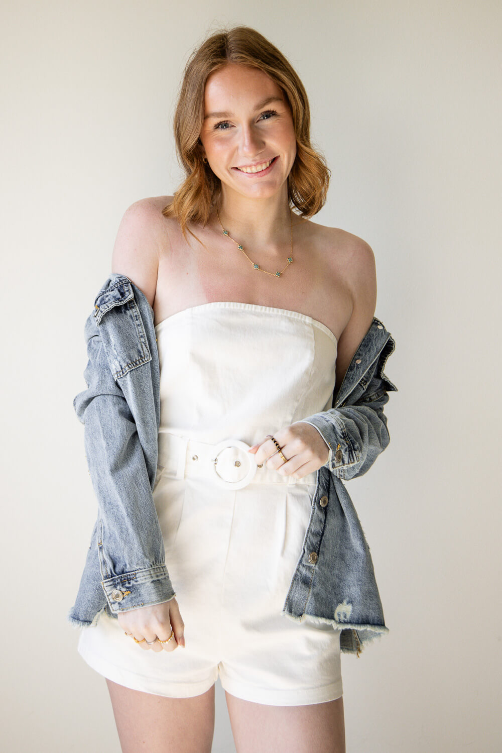 ACOA Belted Tube Twill Denim Romper for Women in White