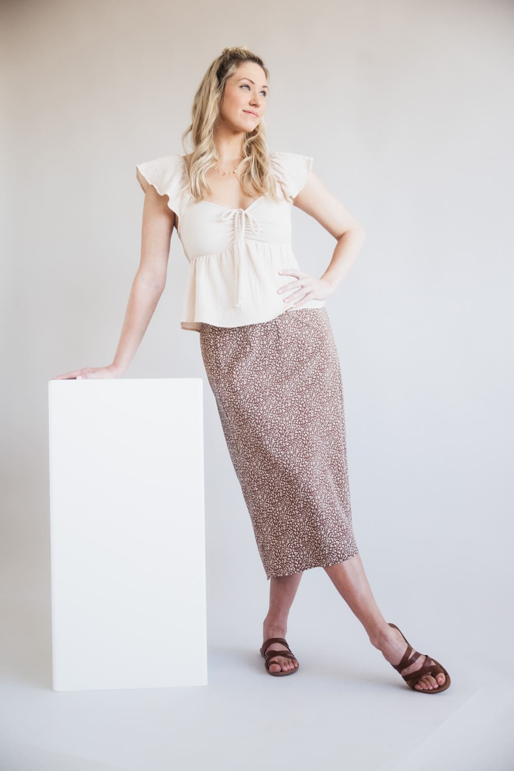 Be Cool Ditsy Floral Midi Skirt for Women in Mocha | 71063-MOCHA