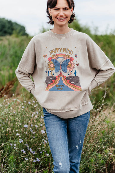 Simply Southern Happy Mind Distressed Pullover for Women in Cream