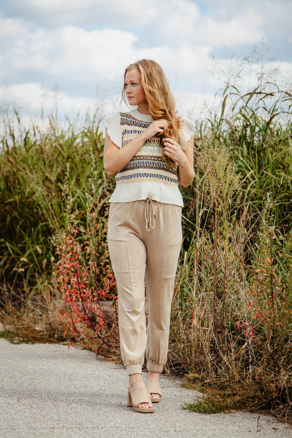 Suede Drawstring Joggers for Women in Brown