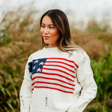 Distressed American Flag Sweater for Women in Cream