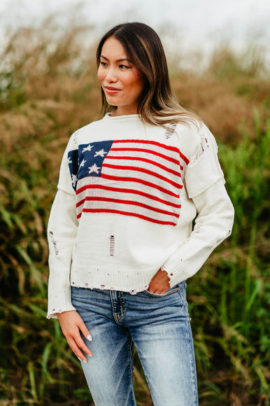 Distressed American Flag Sweater for Women in Cream