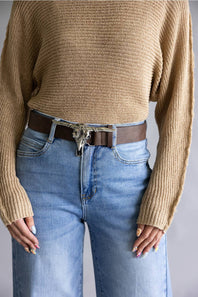 Longhorn Buckle Belt for Women in Dark Brown