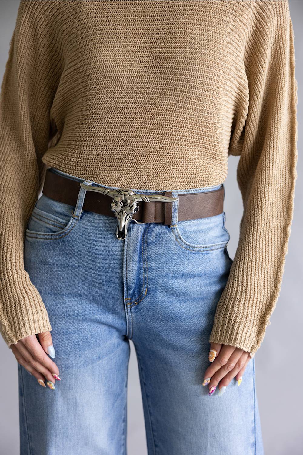 Longhorn Buckle Belt for Women in Dark Brown