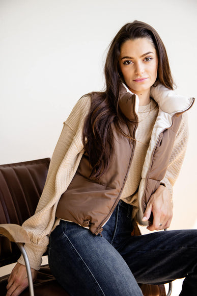 Love Tree Cropped Reversible Puffer Vest for Women in Cocoa/Brown
