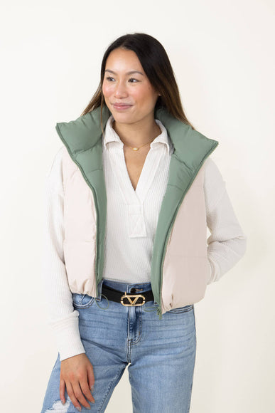 Love Tree Cropped Reversible Puffer Vest for Women in Olive/Beige