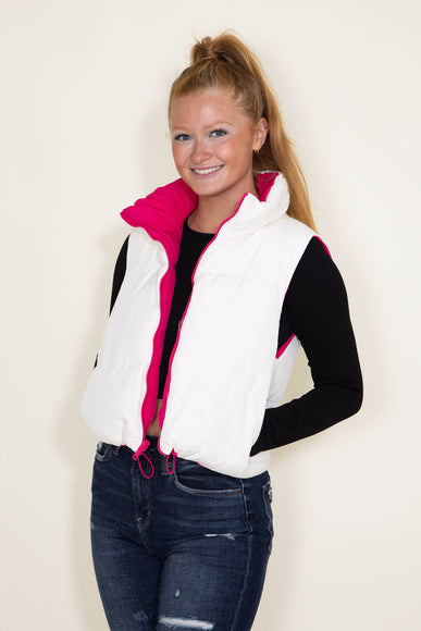 Love Tree Cropped Reversible Puffer Vest for Women in White/Fuchsia