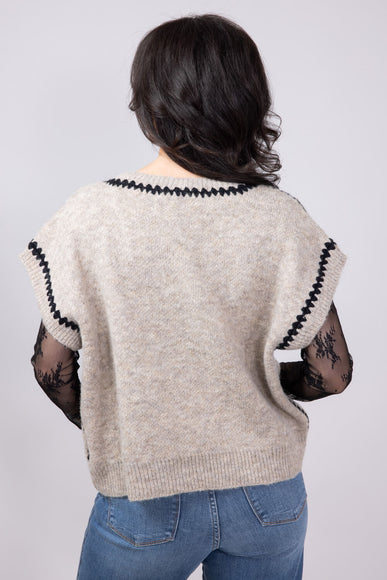 Aaron & Amber Embroidered V-Neck Sweater Vest for Women in Oatmeal