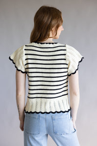 Crochet Striped Flutter Sleeve Sweater for Women in Natural/Black